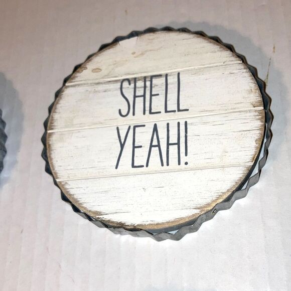 MUD PIE Drink Coaster Beach Coastal Nautical Theme Shiplap Metal Rim Gift Set - Picture 6 of 12